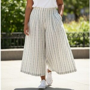 En Creme Blue Floral Stripe Wide Leg Palazzo Pants Cream Boho Summer Large